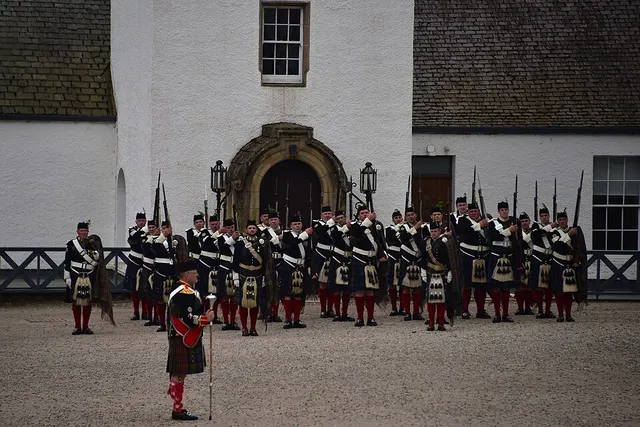 The Atholl Highlanders stand in formation for their annual ceremonial inspection at Blair Castle.