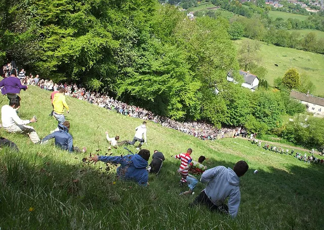 Racers tumble down the steep slope of Cooper's Hill chasing a wheel of cheese, watched by crowds at the bottom.