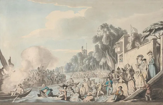 A Georgian watercolour shows crowds and rowing boats at the finish of the Doggett's Coat and Badge race off Chelsea.