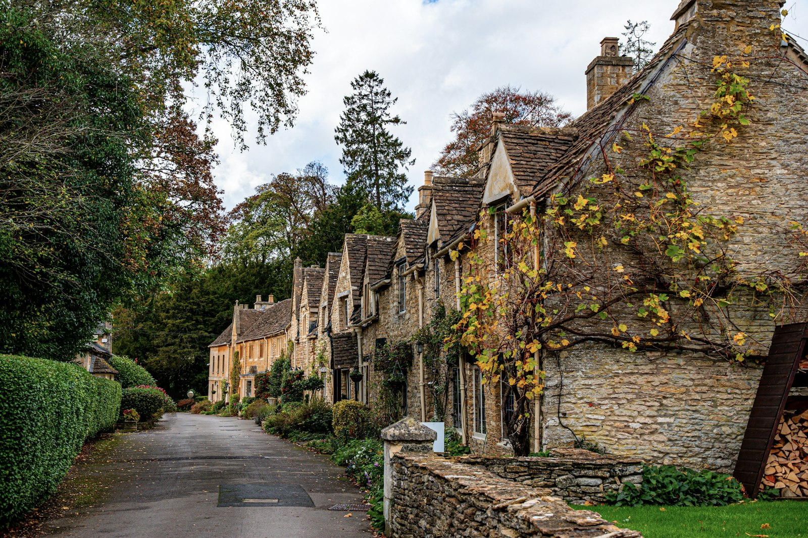 Photo of a street lined with stone buildings next to a lush green forest.