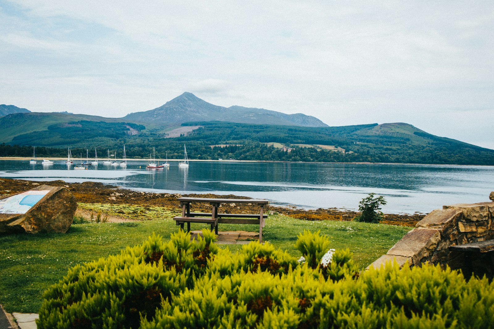 Photo of a bench sits by a lake.