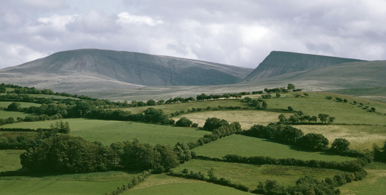 Photo of a lush green valley surrounded by mountains under a cloudy sky.