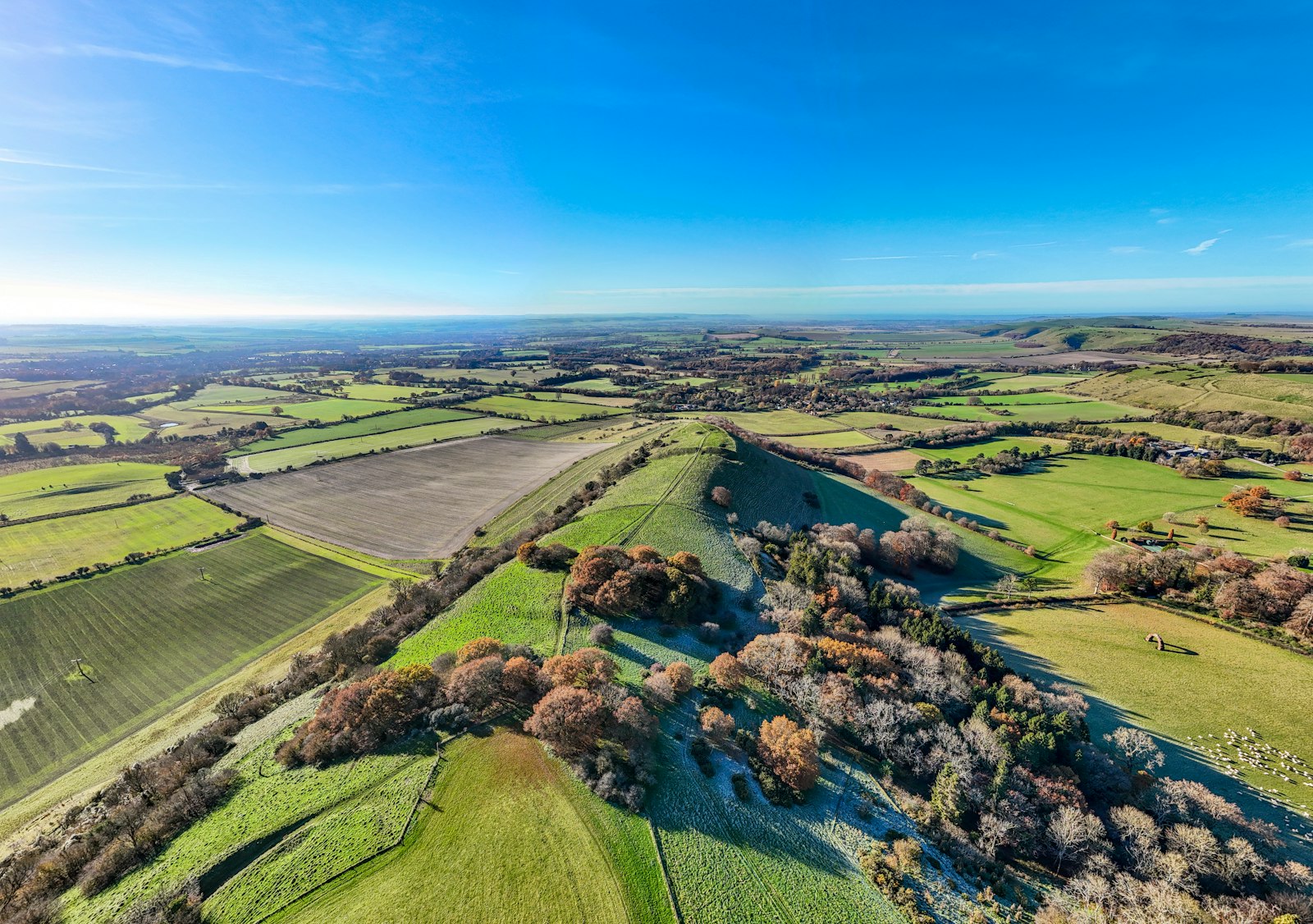 Photo of Rolling green hills and fields under a clear blue sky.