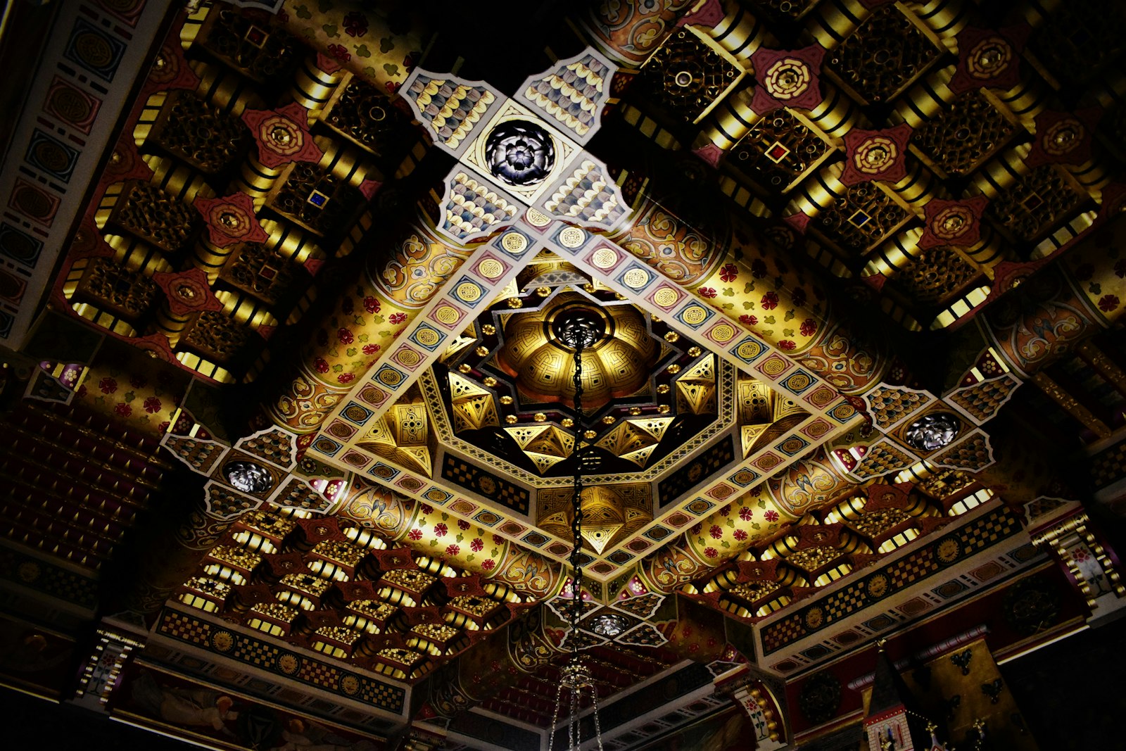 Photo of indoor view of lighted roof building.