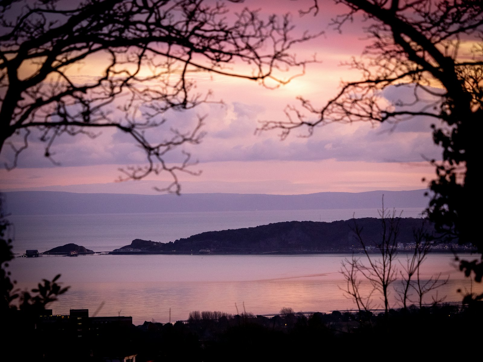 Photo of a view of a body of water from a hill.